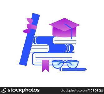 Graduation and Education Stuff. Heap of Textbooks with Academical Cap, Scroll, Glasses, Pencil Isolated on White Background. Blue and Purple Gradient Palette. Flat Vector Illustration, Icon, Clip art.. Heap of Textbooks with Academical Cap. Studying.