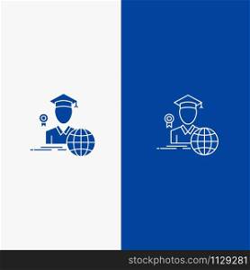 Graduation, Avatar, Graduate, Scholar Line and Glyph Solid icon Blue banner Line and Glyph Solid icon Blue banner