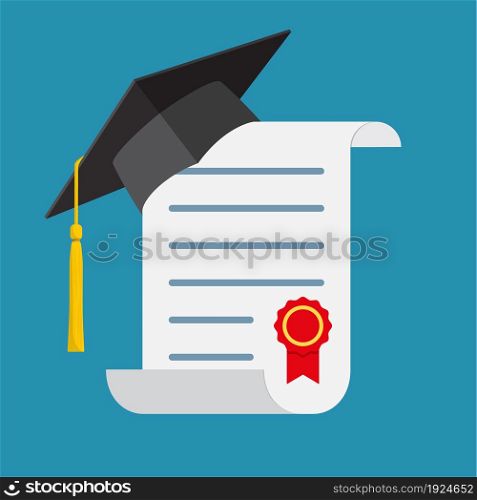 Graduation cap and diploma. Icon in a flat design. Vector illustration. Graduation cap and diploma.
