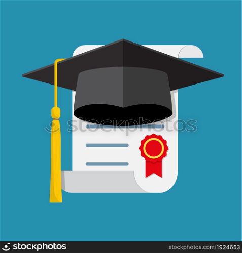 Graduation cap and diploma. Icon in a flat design . Vector illustration. Graduation cap and diploma.