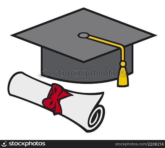 Graduation cap and diploma  mortar board hat with gold trim 