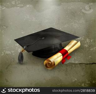 Graduation cap and diploma, old-style vector