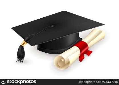 Graduation cap and diploma, vector