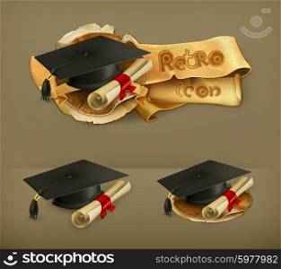 Graduation cap and diploma, vector icon