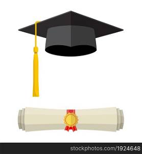 Graduation cap and rolled diploma scroll with stamp. Finish education concept. illustration in flat style isolated on white background.. Graduation cap and rolled diploma scroll.