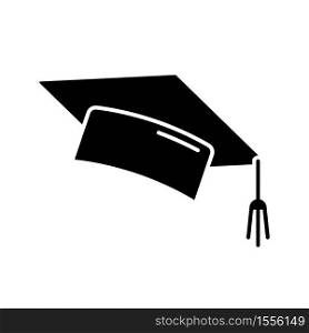 Graduation cap black glyph icon. College mortarboard. University graduate. Student hat. Knowledge and wisdom. Academic education. Silhouette symbol on white space. Vector isolated illustration. Graduation cap black glyph icon