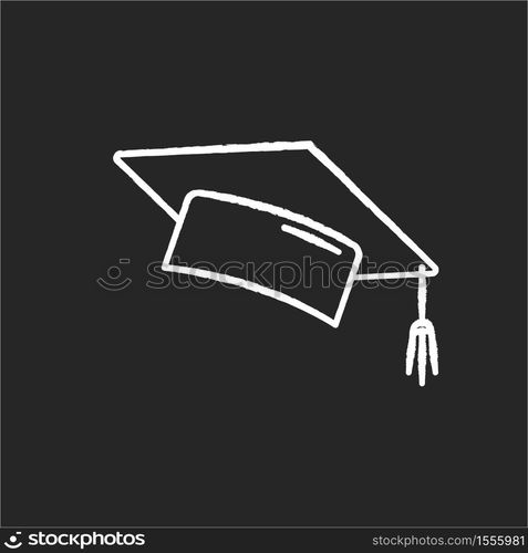 Graduation cap chalk white icon on black background. College mortarboard. University graduate. Student hat. Knowledge and wisdom. Bachelor diploma. Isolated vector chalkboard illustration. Graduation cap chalk white icon on black background