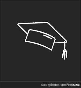 Graduation cap chalk white icon on black background. College mortarboard. University graduate. Student hat. Knowledge and wisdom. Bachelor diploma. Isolated vector chalkboard illustration. Graduation cap chalk white icon on black background