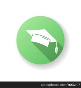 Graduation cap green flat design long shadow glyph icon. College mortarboard. University graduate. Student hat. Academic education. Master degree. Bachelor diploma. Silhouette RGB color illustration. Graduation cap green flat design long shadow glyph icon