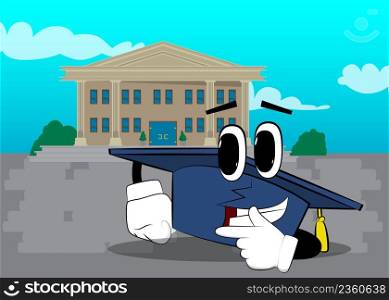 Graduation cap holding finger front of his mouth. Education, learning concept with funny hat cartoon character.