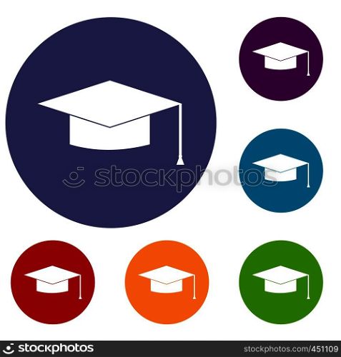 Graduation cap icons set in flat circle reb, blue and green color for web. Graduation cap icons set