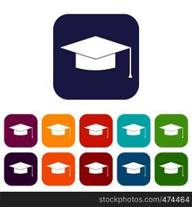 Graduation cap icons set vector illustration in flat style In colors red, blue, green and other. Graduation cap icons set