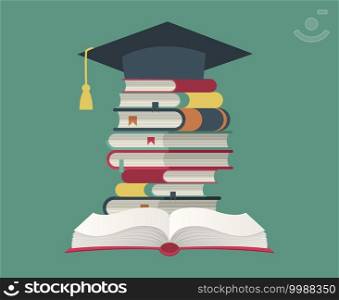 Graduation cap on book stack. Huge pile of books and encyclopedias, education and success concept, university library, academic and school knowledge flat cartoon isolated on green illustration. Graduation cap on book stack. Huge pile of books and encyclopedias, education and success concept. University library, academic and school knowledge flat cartoon isolated illustration