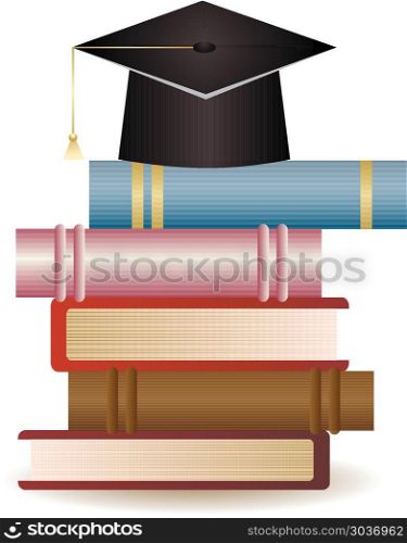Graduation Cap on Book Stack. Stack of books and graduation hat on white background.