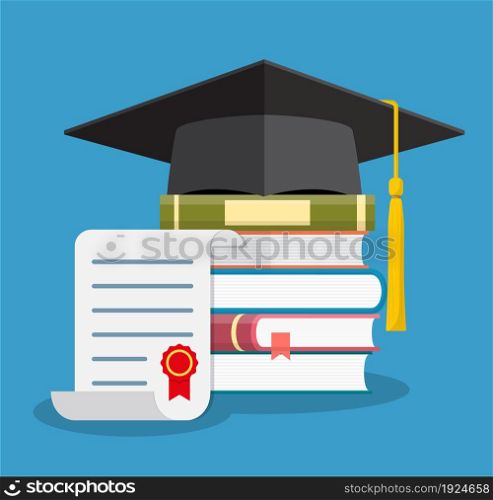 Graduation cap on books stacked, mortar board with pile of books and and diploma, symbol of education, learning, knowledge, intelligence, vector illustration in flat style. Graduation cap on books stacked,