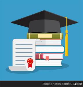Graduation cap on books stacked, mortar board with pile of books and and diploma, symbol of education, learning, knowledge, intelligence, vector illustration in flat style. Graduation cap on books stacked,