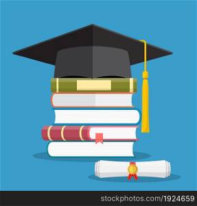 Graduation cap on books stacked, mortar board with pile of books and diploma, symbol of education, learning, knowledge, intelligence, vector illustration in flat style. Graduation cap on books stacked,