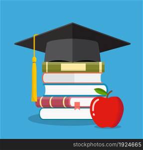 Graduation cap on books stacked, mortar board with pile of books and apple, symbol of education, learning, knowledge, intelligence, vector illustration in flat style. Graduation cap on books stacked,