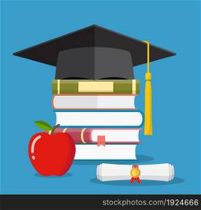Graduation cap on books stacked, mortar board with pile of books and diploma, apple, symbol of education, learning, knowledge, intelligence, vector illustration in flat style. Graduation cap on books stacked,