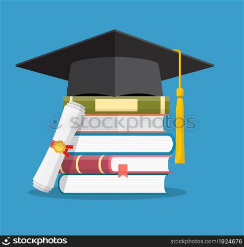 Graduation cap on books stacked, mortar board with pile of books and diploma, symbol of education, learning, knowledge, intelligence, vector illustration in flat style. Graduation cap on books stacked,