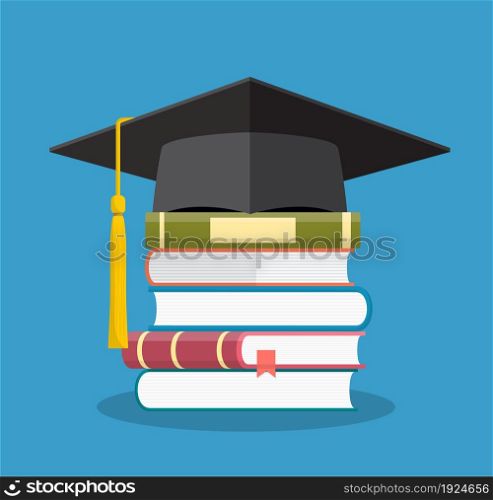 Graduation cap on books stacked, mortar board with pile of books, symbol of education, learning, knowledge, intelligence, vector illustration in flat style. Graduation cap on books stacked,