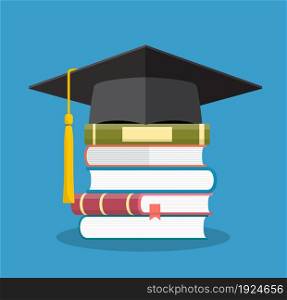 Graduation cap on books stacked, mortar board with pile of books, symbol of education, learning, knowledge, intelligence, vector illustration in flat style. Graduation cap on books stacked,