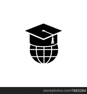 Graduation Cap on Globe, Online World Education. Flat Vector Icon illustration. Simple black symbol on white background. Cap, Online World Education sign design template for web and mobile UI element. Graduation Cap on Globe, Online World Education. Flat Vector Icon illustration. Simple black symbol on white background. Cap, Online World Education sign design template for web and mobile UI element.