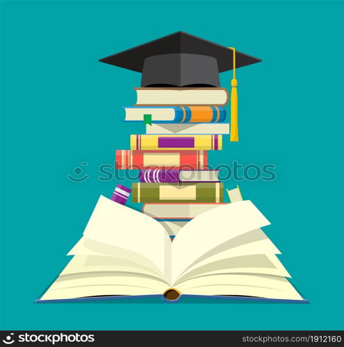 Graduation cap on stack of books. Academic and school knowledge, education and graduation. Reading, e-book, literature, encyclopedia. Vector illustration in flat style. Graduation cap on stack of books.