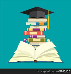 Graduation cap on stack of books. Academic and school knowledge, education and graduation. Reading, e-book, literature, encyclopedia. Vector illustration in flat style. Graduation cap on stack of books.