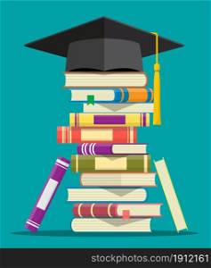 Graduation cap on stack of books. Academic and school knowledge, education and graduation. Reading, e-book, literature, encyclopedia. Vector illustration in flat style. Graduation cap on stack of books.