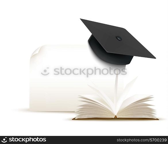 Graduation cap on white background with a book. Vector.