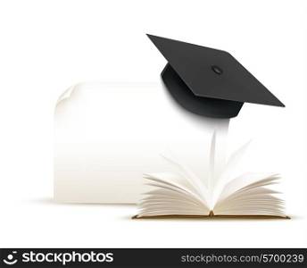 Graduation cap on white background with a book. Vector.