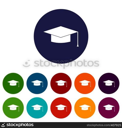 Graduation cap set icons in different colors isolated on white background. Graduation cap set icons