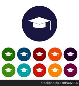 Graduation cap set icons in different colors isolated on white background. Graduation cap set icons