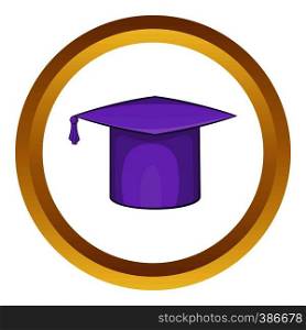 Graduation cap vector icon in golden circle, cartoon style isolated on white background. Graduation cap vector icon