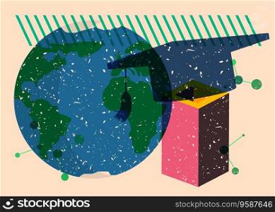 Graduation cap with Earth globe and colorful geometric shapes. Academic Educational trendy riso graph design. Geometry elements, risograph print texture style.