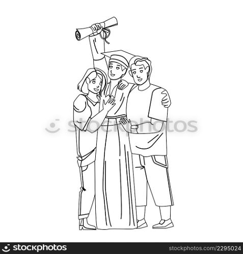 Graduation Ceremony Celebrate Student Boy Black Line Pencil Drawing Vector. Boy Holding Diploma And Posing With Parents Mother And Father On University Graduation Ceremony. Characters Illustration. Graduation Ceremony Celebrate Student Boy Vector