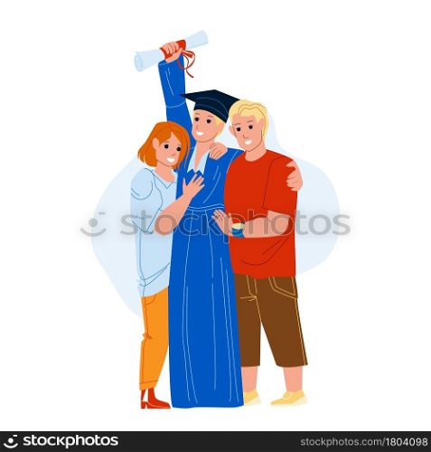 Graduation Ceremony Celebrate Student Boy Vector. Boy Holding Diploma And Posing With Parents Mother And Father On University Graduation Ceremony. Characters Flat Cartoon Illustration. Graduation Ceremony Celebrate Student Boy Vector