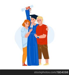 Graduation Ceremony Celebrate Student Boy Vector. Boy Holding Diploma And Posing With Parents Mother And Father On University Graduation Ceremony. Characters Flat Cartoon Illustration. Graduation Ceremony Celebrate Student Boy Vector