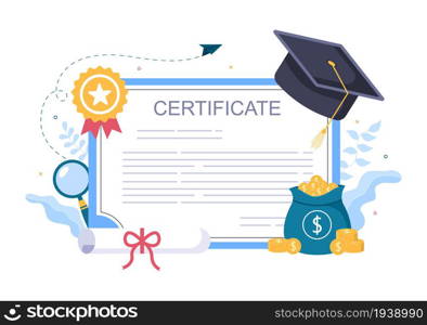 Graduation Certificate Document Icon with License badge, Diploma. Hat and Medal. Online Education for Website or Poster Background Vector Illustration