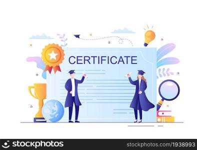 Graduation Certificate Document Icon with License badge, Diploma. Hat and Medal. Online Education for Website or Poster Background Vector Illustration