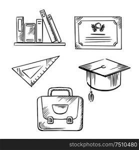 Graduation diploma and cap, school bag, triangle ruler and books sketch icons for graduation or education themes design