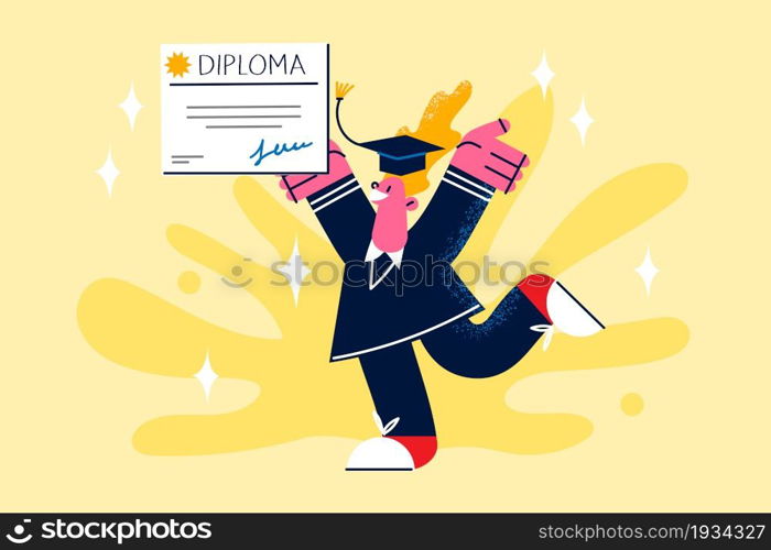 Graduation from university and education concept. Young smiling happy student graduate standing holding diploma certificate in hands after graduation vector illustration . Graduation from university and education concept.