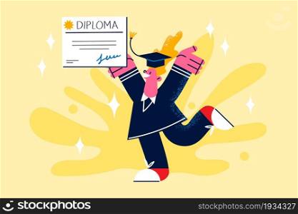 Graduation from university and education concept. Young smiling happy student graduate standing holding diploma certificate in hands after graduation vector illustration . Graduation from university and education concept.
