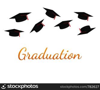 Graduation. Graduate caps on a white background. Caps thrown up. Vector stock illustration.