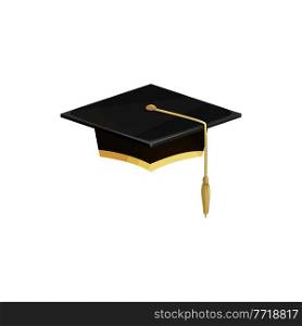 Graduation hat or university cap, education vector icon. Diploma or graduate school ceremony, achievement and success symbol, academic cap or college student hat with gold tassel. Graduation hat or university cap, education icon