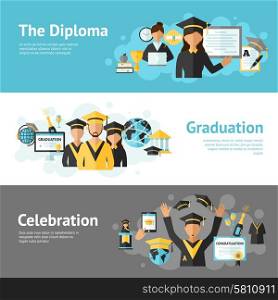 Graduation horizontal banner set with diploma celebration elements isolated vector illustration. Graduation Banner Set