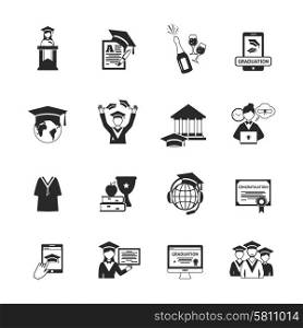 Graduation icons black set with champagne diploma student hat isolated vector illustration. Graduation Icons Black
