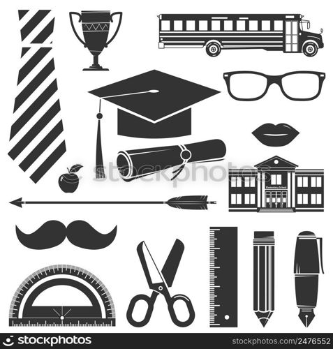 Graduation Icons set isolated on white. Vector illustration. For logo design, patches, seal, logo or badges. Set include graduation cap, diploma, pencil, pen, glasses, school, school bus and other symbol.. Graduation Icons set isolated on white.