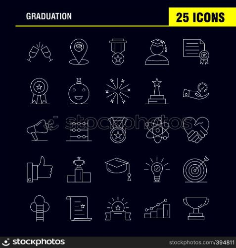 Graduation Line Icons Set For Infographics, Mobile UX/UI Kit And Print Design. Include: Glass, Drink, Healthcare, Graduation, Map, Location, Medal, Award, Icon Set - Vector
